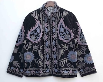 Velvet Handmade Suzani Embroidery ,Women – Bohemian Vintage Style Coat – Colorful Floral Jacket