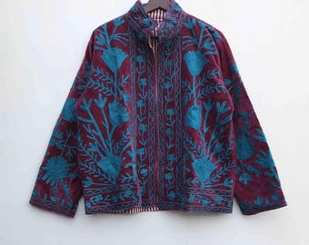 Handmade Velvet Suzani Embroidery Jacket: Women's Coat