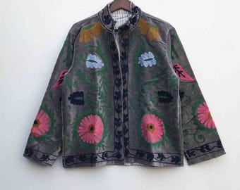 Handmade Velvet Suzani Jacket; Embroidery Flower Boho Coat, Trending clothes