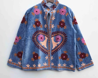 Velvet Handmade Suzani Embroidery ,Women – Bohemian Vintage Style Coat – Colorful Floral Jacket