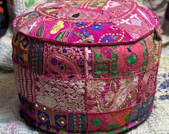 Indian Patchwork Handmade Embroidered Round Ethnic Vintage Ottoman Pouf Cover Stylish Footstool Cover