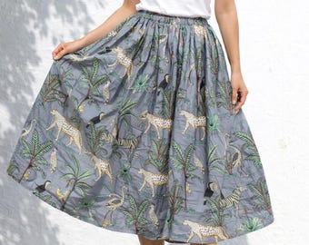 Jungle Print A-Line Midi Rock, Boho Safari Baumwoll Sommer Rock