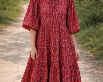 Handmade Indian Cotton Dress | Blue Stripe Floral Print | Flowy Tiered Boho Summer Dress