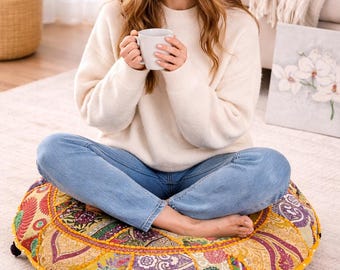 Patchwork meditation cushion Hippies floor seating Round Bohemian Yoga  Cushion Covers, Indian Colorful Embroidered