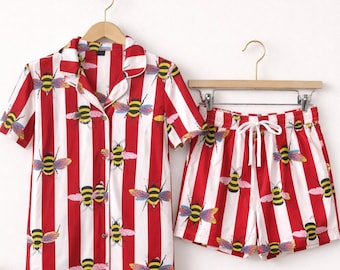 Conjunto de pijama de algodón con estampado de abejas para mujer, manga corta, ropa de dormir de verano para estar en casa.