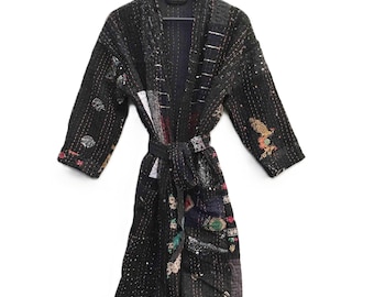 Handgemaakte katoenen kantha patchwork kimonobadjas: vintage Indiase bohostijl loungewear