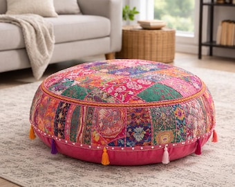 Round Bohemian Yoga Meditation Cushion Covers, Indian Colorful Embroidered Patchwork Floor Cushions