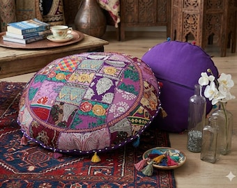 Round Bohemian Yoga Meditation Cushion Covers, Indian Colorful Embroidered Patchwork Floor Cushions