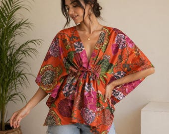 Handgemaakte bloemenkaftantop: boho-strandjurk, resortkledingblouse