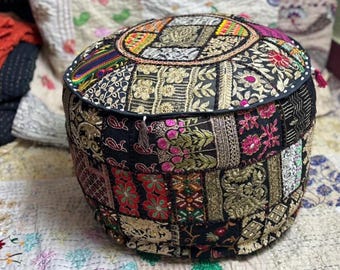 Indian Patchwork Handmade Embroidered Round Ethnic Vintage Ottoman Pouf Cover Stylish Footstool Cover