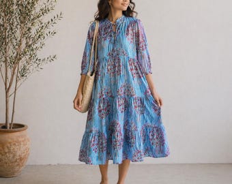 Hand Block Print Cotton Midi Dress, Blue Striped Floral, Boho Indian Outfit