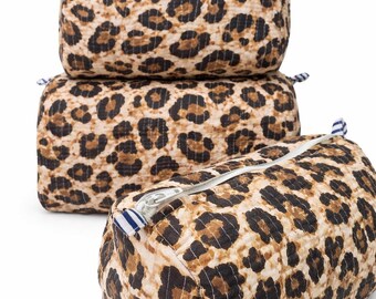 Quilted Cosmetic Bag Set, Leopard Print Cotton Pouches, Travel Organizer