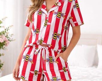 Damen Bienen Print Baumwolle Pyjama Set, Kurzarm Sommer Nachtwäsche Lounge