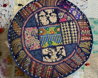 Indian Patchwork Handmade Embroidered Round Ethnic Vintage Ottoman Pouf Cover Stylish Footstool Cover