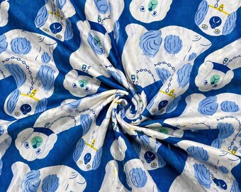 Blauwe katoenen stof met hondenprint | Speels tekenfilmtextiel om te knutselen
