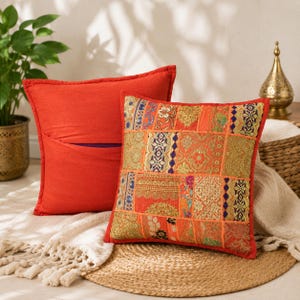 Vintage Patchwork Cushion Cover | Handmade Embroidered Boho Throw Pillow (18x18")
