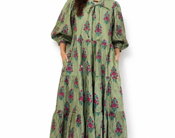 Katoenen midi-jurk met handdruk, gelaagde boho-zomerjurk, pofmouwstijl