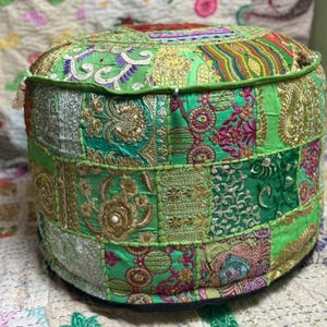 Indian Patchwork Handmade Embroidered Round Ethnic Vintage Ottoman Pouf Cover Stylish Footstool Cover