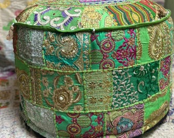 Indian Patchwork Handmade Embroidered Round Ethnic Vintage Ottoman Pouf Cover Stylish Footstool Cover