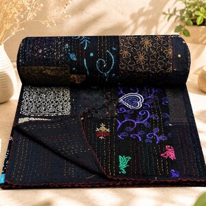 Svart Kantha Quilt Handgjord Patchwork Överkastfilt – Boho Indisk Överkast Heminredning