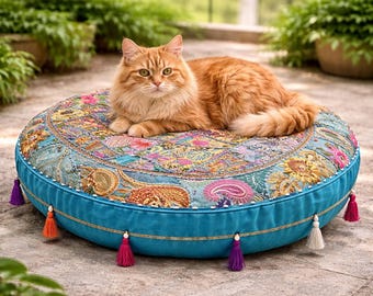 Patchwork meditation cushion Hippies floor seating Round Bohemian Yoga  Cushion Covers, Indian Colorful Embroidered