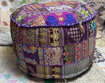 Indian Patchwork Handmade Embroidered Round Ethnic Vintage Ottoman Pouf Cover Stylish Footstool Cover