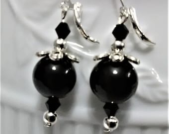 925 Silver Lever Back Black Glass Bead Earrings Silver Spacers Black Crystal Beads Hand Made in Canada