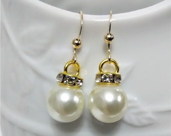 Dangle Earrings Faux White Pearls AB Rhinestone Rondels 14K Gold Plated Ear Wires Earrings Hand Made in Canada
