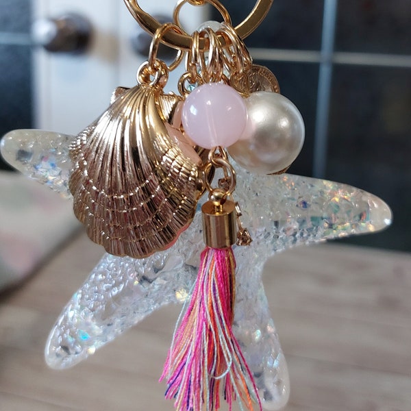 Summer Sea Shell Key Chain Large Acrylic Glitter Star Fish Gold Claw Clasp Key Ring Clam and Snail Shell Coin White Pearl Multi Color Tassel