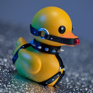 May include: A yellow rubber duck with black leather restraints, including a collar with silver spikes and a muzzle. The duck has an orange beak and a red nose. The background is a blurred, dark blue.
