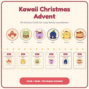 Może przedstawiać: Zestaw adwentowy Kawaii Christmas z 24 kartami aktywności do rodzinnego odliczania. Projekt zawiera sześć ilustrowanych postaci: Pip, Mochi, Boba, Inky, Sunny i Pudding. Pokazano sześć przykładowych kart, oznaczonych od Dnia 1 do Dnia 6.