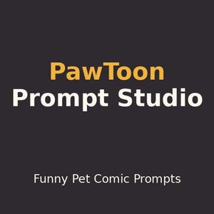 May include: A dark gray square graphic featuring the yellow text PawToon and white text Prompt Studio centered in the upper portion, with the white text Funny Pet Comic Prompts positioned at the bottom of the design.