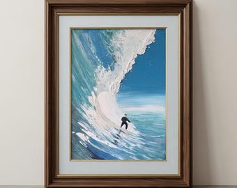 Surfer Ocean Wave Oil Painting – Hand-Painted Seascape Canvas Art