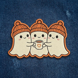 Three Cute Ghosts in Orange Beanies Sharing Coffee Embroidered Patch, Cozy Halloween Theme, Iron On Patch, Fall Lovers
