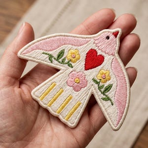 Folk Art Bird with Heart and Floral Embroidery Patch, Cottagecore Theme, Iron On Patch, Nature Lovers, Jacket Backpack Accessory