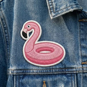 May include: Embroidered pink flamingo patch with a white border, attached to a blue denim jacket. The flamingo design includes a black beak and eye, and a pink inner tube shape.