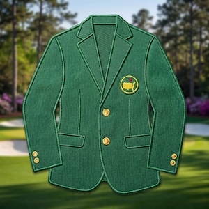 May include: A green blazer with a gold emblem featuring a golf course and flag. The blazer has gold buttons and is set against a golf course background. The blazer is a symbol of achievement in golf.
