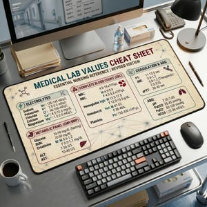 May include: A rectangular desk mat featuring a Medical Lab Values Cheat Sheet with sections for electrolytes, complete blood count, metabolic panel, and coagulation. The cream-colored surface displays medical data, icons, and black text.