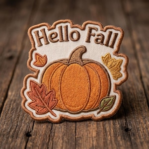 Hello Fall Pumpkin with Autumn Leaves Embroidered Patch, Fall Season Theme, Iron On Patch, Thanksgiving Lovers, Jacket Backpack Accessory