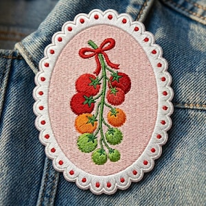 Cherry Tomatoes on the Vine Embroidered Patch, Scalloped Oval Pink Border Garden Theme, Iron On Patch, Vegetable Lovers Jacket Bag Accessory