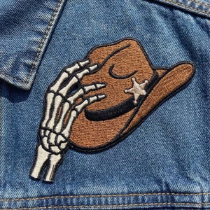 Skeleton Hand Cowboy Hat Embroidered Patch Western Sheriff Applique Iron On Gothic Decal for Denim Jacket Biker Vest