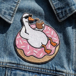 Funny Duck in Pink Donut Float Embroidered Patch Cool Goose Summer Applique Iron On Decal for Denim Jacket