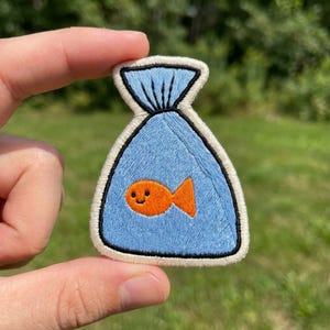 Cute Goldfish in a Plastic Bag Embroidered Patch, Ocean Fish Theme, Iron On Patch, Pet Lovers Gift, Denim Jacket Backpack Collar Accessory