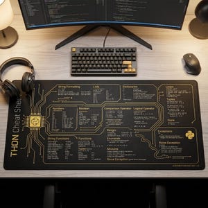 May include: A black desk mat featuring a gold-colored Python programming language cheat sheet with circuit board patterns. The mat displays technical syntax for strings, lists, dictionaries, loops, tuples, and operators, with the Python logo.