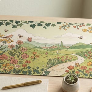 May include: A rectangular desk mat featuring a printed illustration of a rolling green landscape with a winding path, colorful wildflowers, ivy vines, a small bird, butterflies, and bees under a pale sky with soft clouds and distant hills.