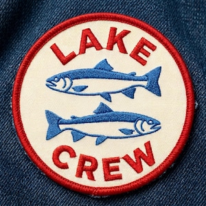 Lake Crew Fishing Embroidered Patch, Round Red and Blue Trout Fish Theme, Iron On Patch, Outdoor Nature Gift, Jacket Backpack Accessory