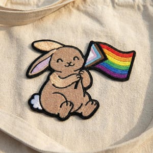Cute Bunny Progress Pride Flag Embroidered Patch LGBTQ Applique Iron On Decal for Denim Backpack