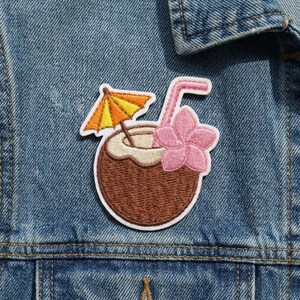 Embroidered Tropical Coconut Drink Patch – Summer Cocktail Applique (Iron-On/Sew-On)