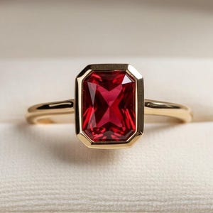 Puede incluir: Un anillo de oro con una piedra preciosa rectangular de color rojo intenso. La piedra preciosa está engastada en un bisel de oro, y el anillo se muestra en una caja de joyería blanca. La banda del anillo es de oro pulido.