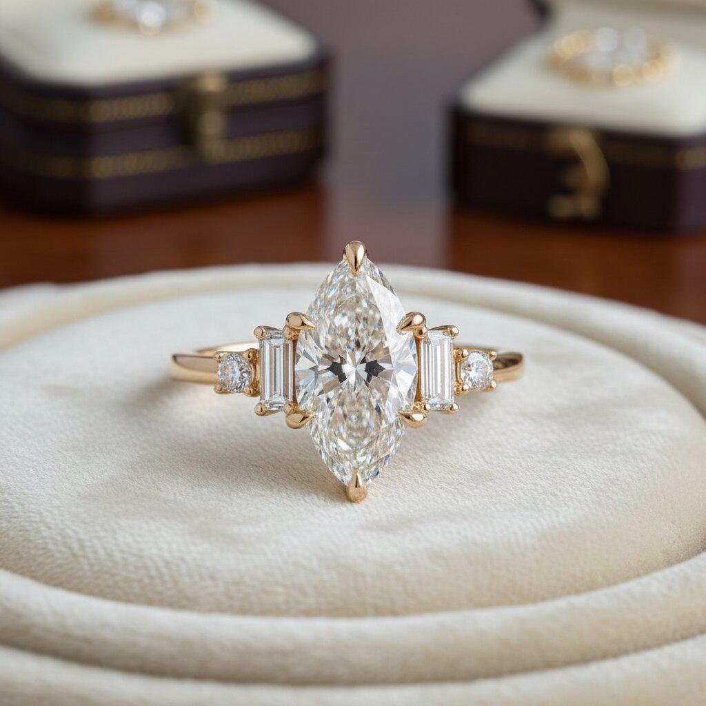 Antique 10k Gold Marquise Moissanite Engagement Ring, Baguette Five…